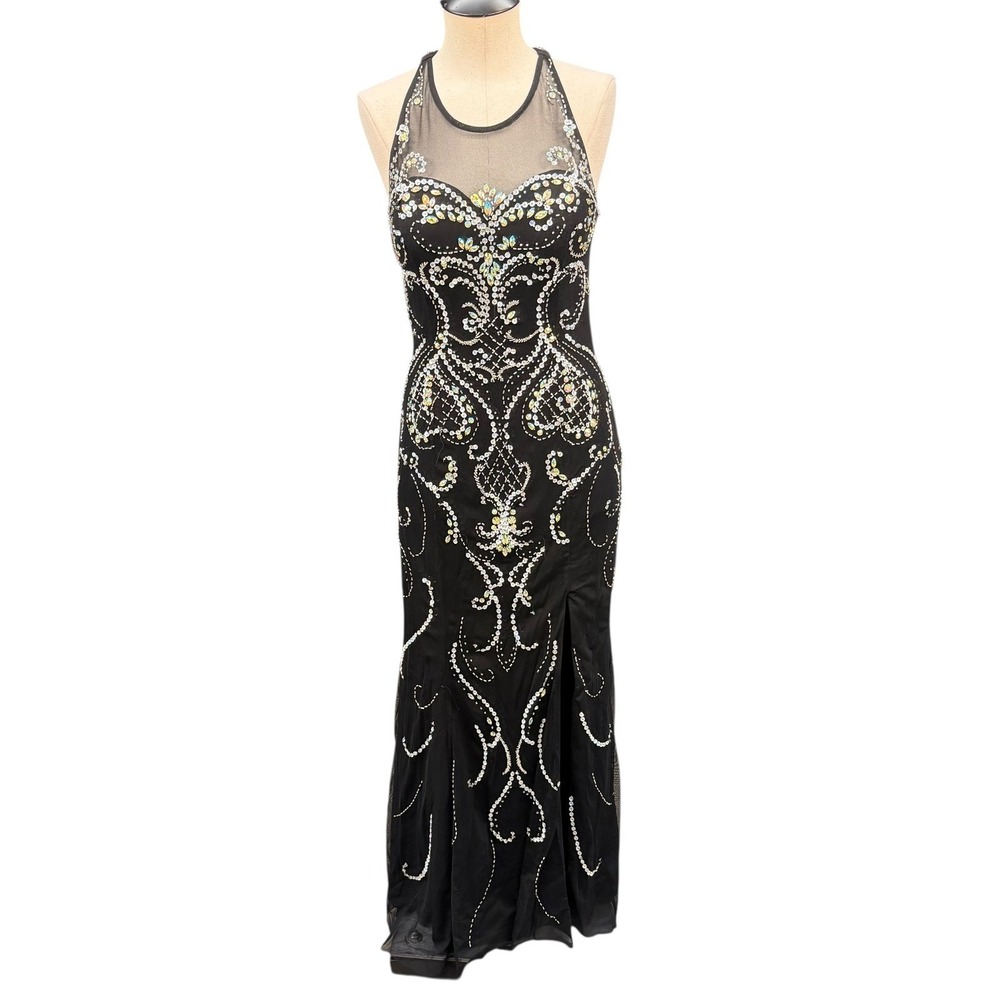 SEAN‎ COLLECTION Black Rhinestone Halter Evening Gown with Open Back – Size 10